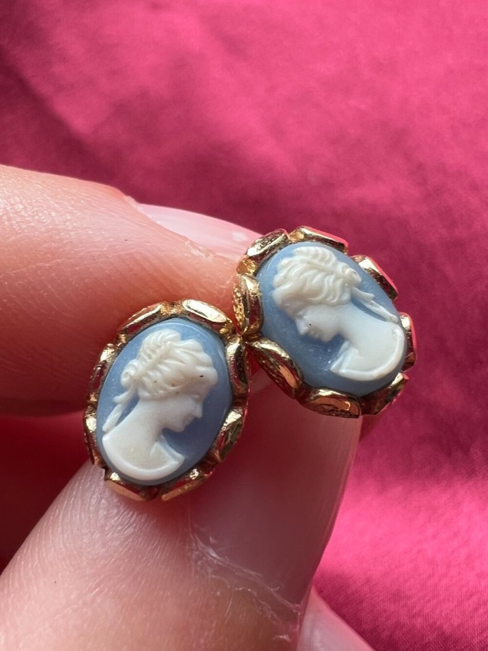 Small Gold Tone Stud Earrings with Blue Cameo